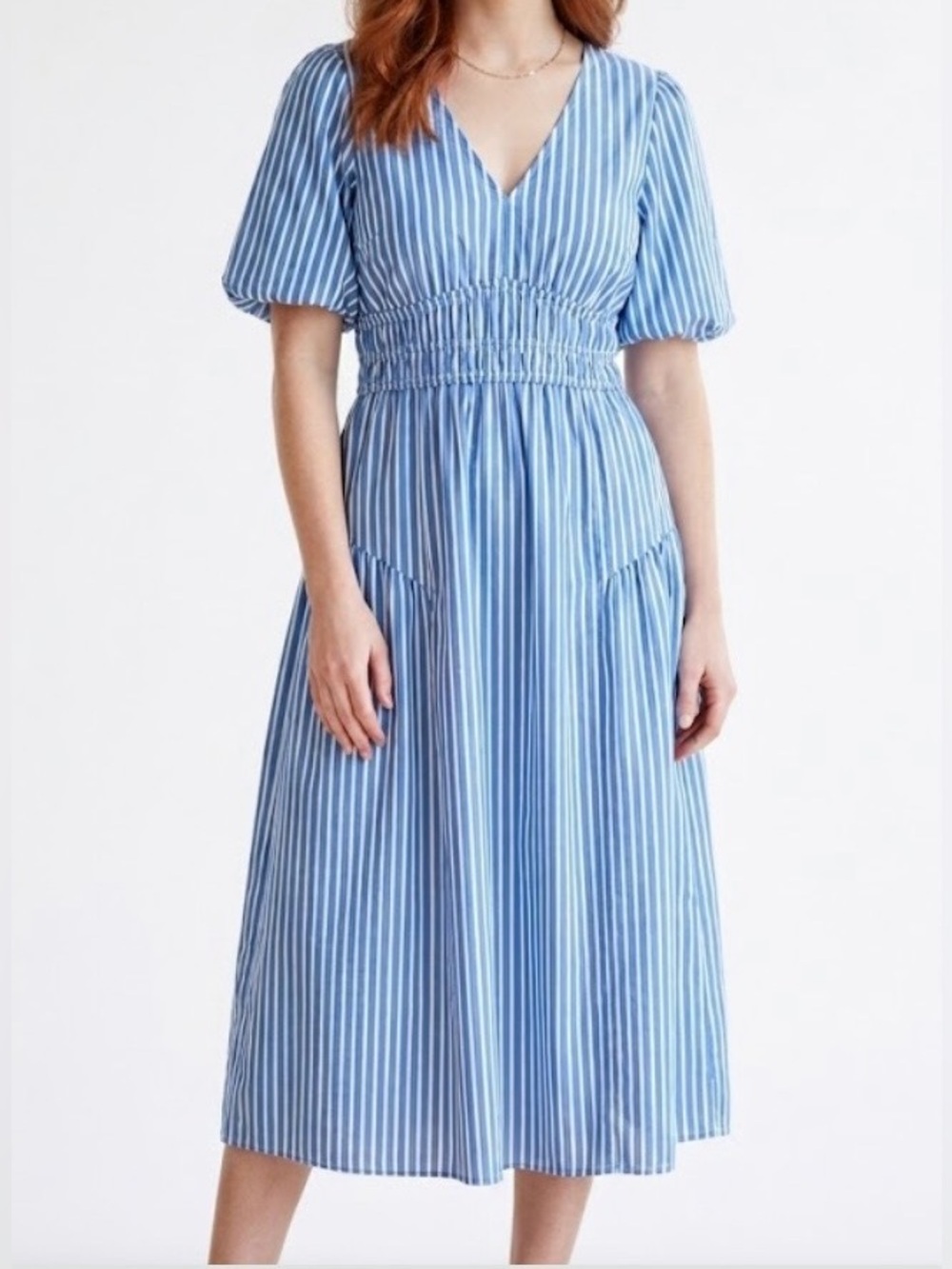 Old Navy striped v-neck midi dress smocking puff sleeve cotton coastal XL